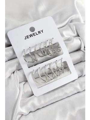 K-Yonlineticaret Pirinç Karışık Halka Model Gümüş Renk 6 Çift Kadın Küpe Set