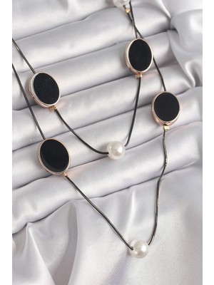 K-Yonlineticaret Pirinç Siyah Renk Zincir Inci Detaylı Çoklu Kadın Kolye