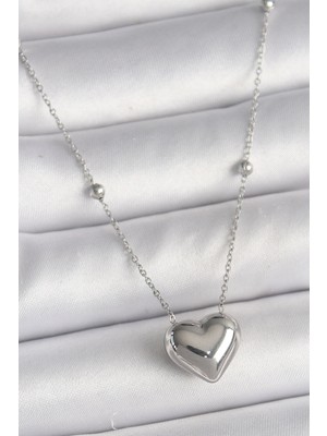 K-Yonlineticaret 316L Çelik Gümüş Renk Topçuk Detay Zincir Kalp Model Kadın Kolye