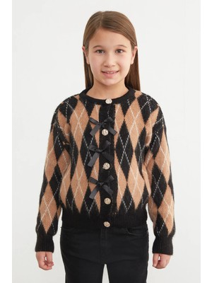 FullaModa Baklava Desenli Fiyonklu Düğmeli Kız Çocuk Hırka Siyah Akrilik Uzun Kol