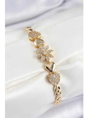 K-Yonlineticaret Pirinç Zirkon Taşlı Kalp Detaylı Çiçek Model Gold Renk Kadın Bileklik