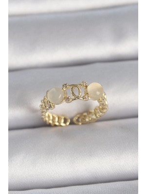 K-Yonlineticaret Pirinç Gold Renk Ayarlanabilir Zirkon Taşlı Beyaz Mineli Birleşik Halka Model Kadın