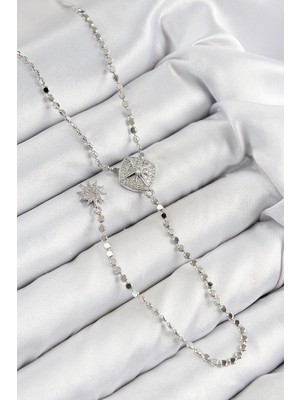 K-Yonlineticaret Pirinç Zirkon Taşlı Ezme Zincirli Madalyon Model Gümüş Renk Y Kolye