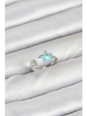 K-Yonlineticaret Pirinç Gümüş Renk Mavi Yıldızlı Model Kadın Yüzük