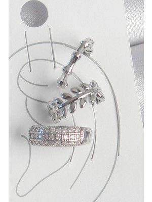 K-Yonlineticaret Pirinç Gümüş Renk Zirkon Taşlı 3'lü Model Yaprak Figür Kadın Kıkırdak Küpe