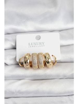 K-Yonlineticaret Zirkon Taşlı Pirinç Gold Renk Halka Kadın Küpe Seti