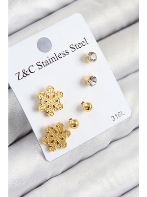 K-Yonlineticaret 316L Çelik Zirkon Taşlı Kar Tanesi Model Gold Renk Kadın Set Küpe