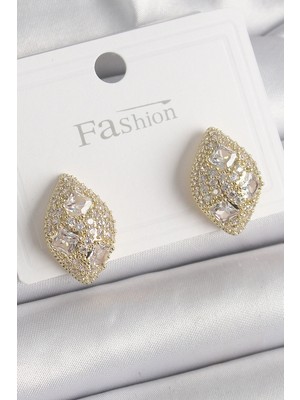 K-Yonlineticaret Pirinç Gold Renk Zirkon Taş Işlemeli Damla Model Kadın Küpe