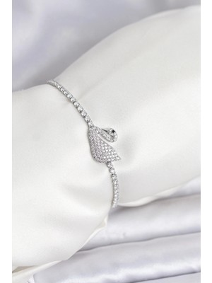 K-Yonlineticaret Kuğu Model Zirkon Taşlı Gümüş Renk Asansörlü Su Yolu Bileklik