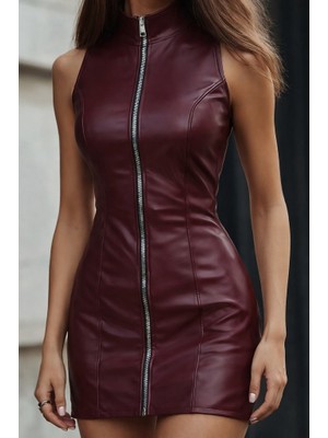 Arben Boutique Kadın Kolsuz Balıkçı Yaka Önden Fermuarlı Kısa Deri Elbise