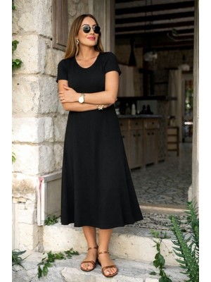 Kendim Fashion Kadın Kısa Kollu V Yakalı Yırtmaçlı Midi Viskon Elbise