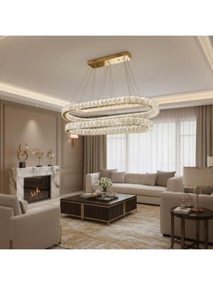 Elizim Home Lighting Kristal Elips 2 Katlı Gold Ledli Avize
