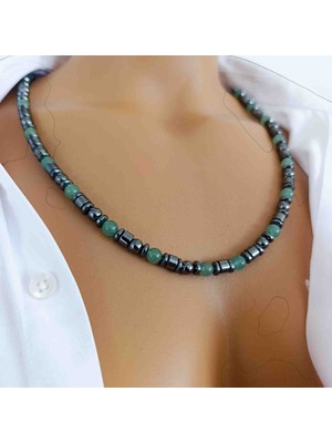 Mga Doğaltaş Aventurin Kolye 6 mm – Yeşil Doğal Taş Kolye – Hematit Taşlı – Hakiki Sertifikalı – Kadın & Erkek – A+ Kalite
