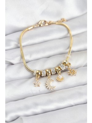 K-Yonlineticaret Pirinç Gold Renk Ay Charm Model Charmlı Kadın Bileklik