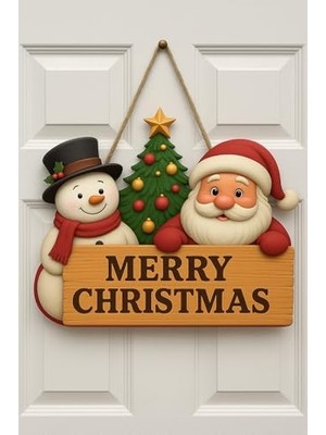 Velora Yılbaşı Ahşap Kapı Süsü Babalı Ahşap Kapı Yılbaşı Kapı Süsü Dış Mekan Süslemeleri Çelengi (30-18 Cm)