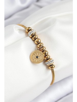 K-Yonlineticaret 316L Çelik Zirkon Taşlı Göz Charm Model Gold Renk Kadın Bileklik