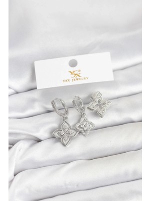 K-Yonlineticaret Pirinç Gümüş Renk Yonca Model Ysx Trio Küpe Seti