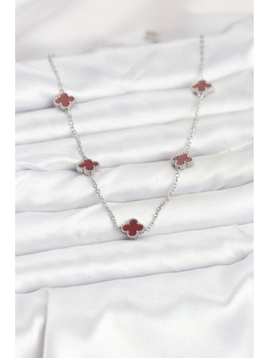 K-Yonlineticaret 316L Çelik Zincir Gümüş Renk Bordo Baby Boy Yonca Kadın Kolye
