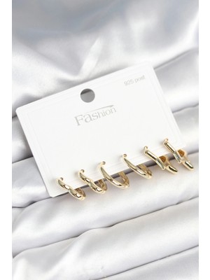 K-Yonlineticaret Pirinç Gold Renk Kalp Yıldız ve Halka Model 925 Ayar Gümüş Çivili Kadın Küpe Seti