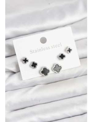 K-Yonlineticaret 316L Çelik Gümüş Renk Zirkon Taşlı Yonca Model Kadın Küpe Seti