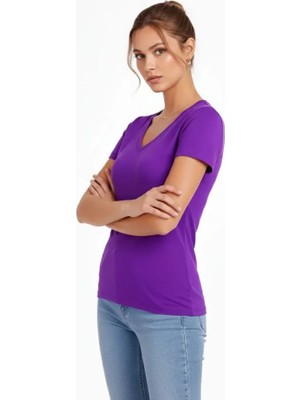 Balmior T-Shirt V Yaka Slim Fit Likralı Tişört Günlük Basic Body - Mor