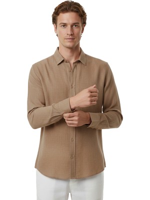 Deepsea Kahve Rahat Kalıp %100 Keten Erkek Gömlek – Yazlık Çizgi Desenli Yeni Sezon Gömlek 2602616