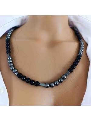 Mga Doğaltaş Parlak Oniks Kolye 8 mm – Siyah Doğal Taş Kolye – Hematit Taşlı – Hakiki Sertifikalı – A+ Kalite