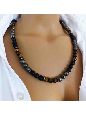 Mga Doğaltaş Lav Taşı Bazalt Taşı & Kaplan Gözü Kolye 8 mm – Hakiki Doğal Taş – Erkek Doğal Taş Kolye – A+ Kalite – Sertifikalı