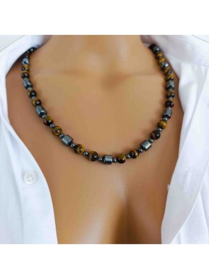 Mga Doğaltaş Kaplan Gözü Kolye 8 mm – Hematit Taşlı – Hakiki Doğal Taş – Erkek Doğal Taş Kolye – A+ Kalite