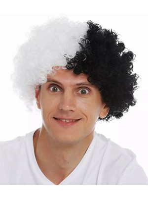 K-Yonlineticaret Siyah Beyaz Kıvırcık Afro Bonus Taraftar Peruğu