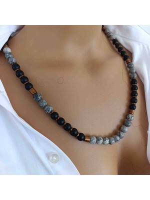 Mga Doğaltaş Gri Jasper & Mat Oniks Kolye 8 mm – Hakiki Doğal Taş – Hematit Taşlı – Erkek Doğal Taş Kolye – A+ Kalite
