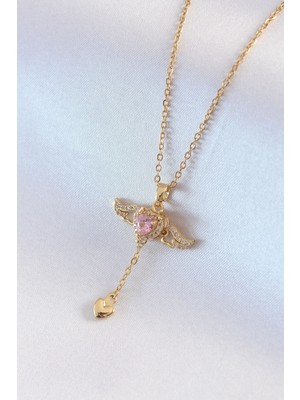 K-Yonlineticaret 316L Çelik Gold Renk Kanatlı Kalp Model Zirkon Taş Detay Kadın Kolye