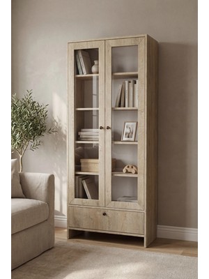 Lefkas Meşe Cam Kapaklı Modern Vitrin Dolap – Çekmeceli Çok Amaçlı Raflı Kitaplık