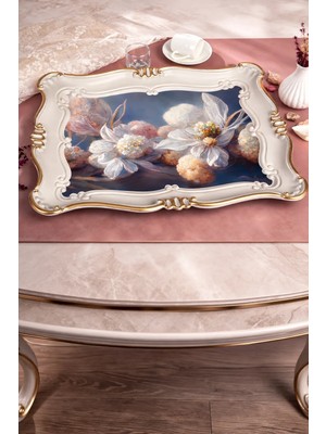 Zucci Home Sultan Tepsi 33X42 cm - Beyaz Çiçek Toprak Tabanlı