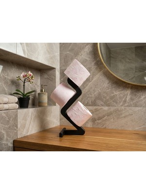 Casey Store Modern Geometrik Zigzag Tasarım Siyah Tezgah Üstü Yedek Tuvalet Kağıdı Standı - Dekoratif Banyo Düzenleyici (40CM)