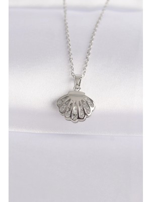 K-Yonlineticaret 316L Çelik Zincir Gümüş Renk Zirkon Taşlı Inci Detay Istiridye Kolye