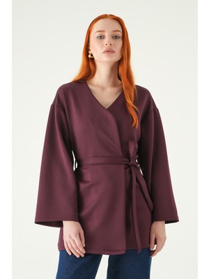 Rays Mürdüm Kuşaklı Geniş Kol Kimono 3068A