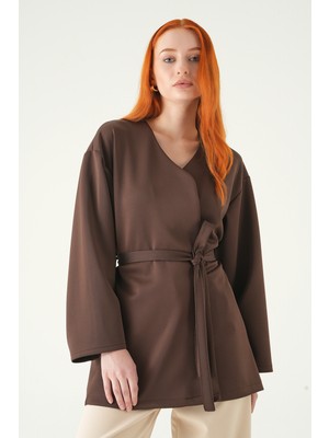 Rays Kahve Kuşaklı Geniş Kol Kimono 3068A