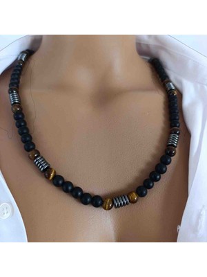 Mga Doğaltaş Kaplan Gözü Oniks Kolye 8 mm – Hematit Taşlı – Hakiki Doğal Taş – Erkek Doğal Taş Kolye – A+ Kalite