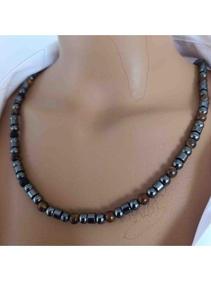 Mga Doğaltaş Kaplan Gözü Kolye 6 mm – Hematit Taşlı – Hakiki Doğal Taş – Erkek Doğal Taş Kolye – A+ Kalite