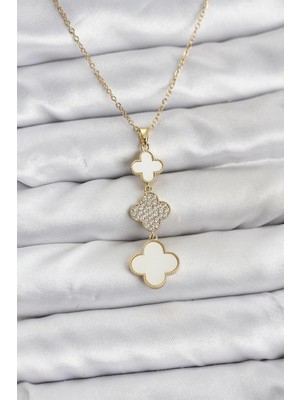 K-Yonlineticaret 316L Çelik Zincir Gold Renk Yonca Detaylı Zirkon Taşlı Kadın Kolye