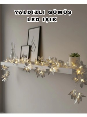 K-Yonlineticaret Yaldızlı Gümüş Yaprak LED Işık Pilli Dekoratif Ortam ve Yılbaşı Aydınlatması