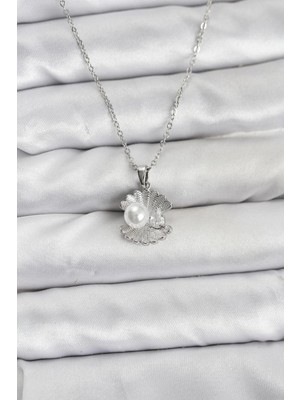 K-Yonlineticaret 316L Çelik Zincir Gümüş Renk Istiridye Inci Model Zirkon Taşlı Kadın Kolye