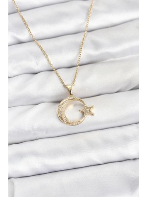K-Yonlineticaret 316L Çelik Zincir Gold Renk Ay Yıldız Model Zirkon Taşlı Kadın Kolye
