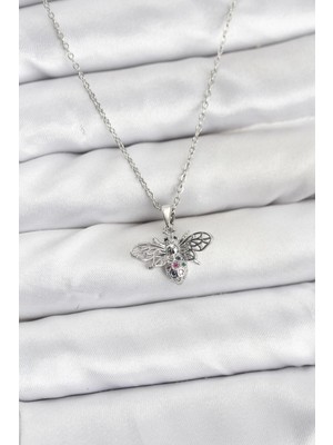 K-Yonlineticaret 316L Çelik Zincir Gümüş Renk Sinek Model Zirkon Taşlı Kadın Kolye