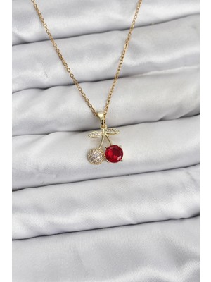 K-Yonlineticaret 316L Çelik Zincir Gold Renk Kiraz Model Zirkon Taşlı Kadın Kolye