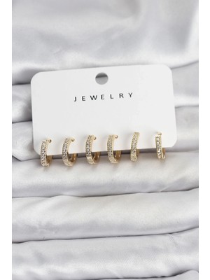 K-Yonlineticaret Gold Renk Pirinç Zirkon Taşlı Halka Kadın Küpe Seti