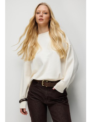 Mixray 7021 Kadın Bisiklet Yaka Oversize Basic Premium Triko Kazak Naturel