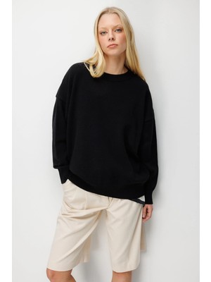 Mixray 7021 Kadın Bisiklet Yaka Oversize Basic Premium Triko Kazak Siyah