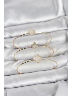 K-Yonlineticaret Gold Renk Yonca Model Zirkon Taşlı 3'lü Kadın Bileklik Kombini